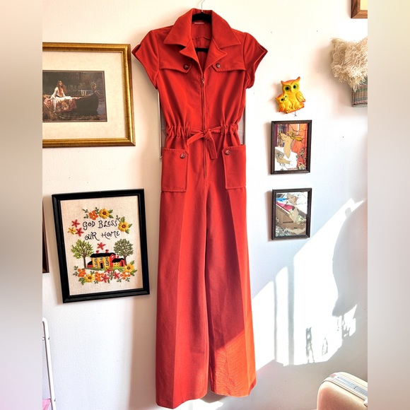 Vintage Pants - 1970s Rust Corduroy Zip-Front Jumpsuit – Wide Leg Utility Style
